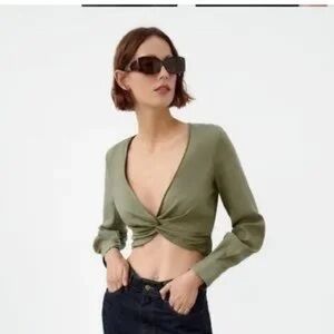Wild Fable Green Crop Tie Front Blouse